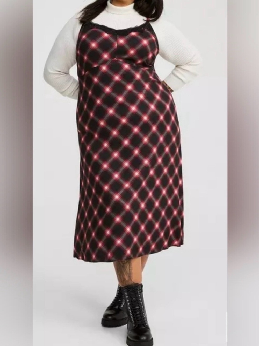 New Torrid Size 2X(18/20) Long Length Stretch Challis Cami Dress-Blk/Red Plaid